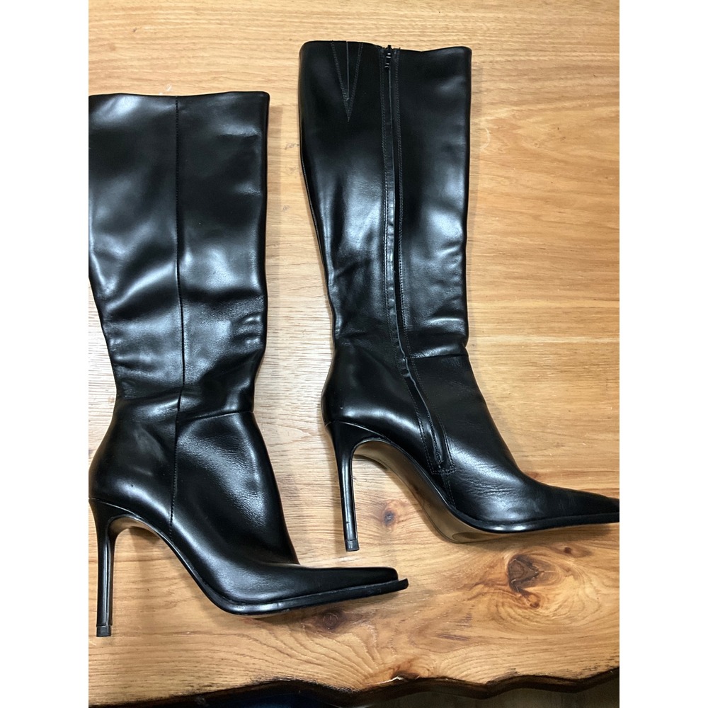 Zara Black Leather Square Toe Knee High Stiletto Heel Boots Size 37